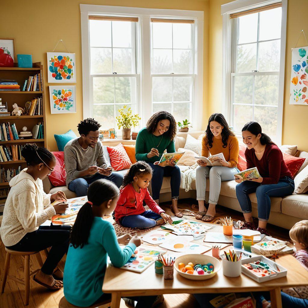 A cozy family gathering with diverse members engaged in various creative activities like painting, playing interactive games, and reading together. The room is bright with colorful decorations that stimulate curiosity, showcasing art supplies and books spread around. A warm sunlight filters through a window, highlighting joyful expressions and collaborative spirit. Ideal for illustrating nurturing open minds in a family setting. vibrant colors. super-realistic. warm tones.