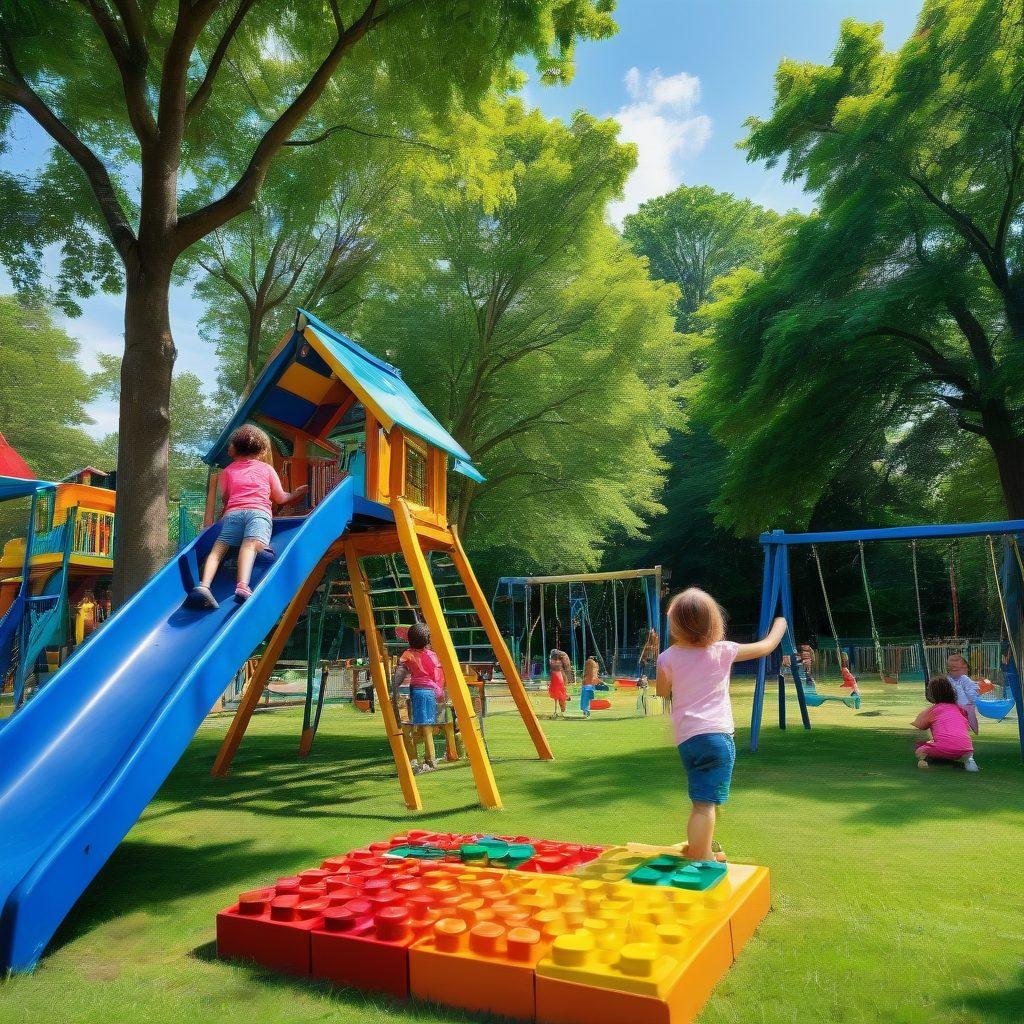 A lively scene depicting children engaged in various playful learning activities such as painting, building blocks, and outdoor games. The background features a colorful playground with trees and laughter, illustrating the joy of youth development. Include a diverse group of children to represent inclusivity and collaboration. The sky is bright and sunny, filling the image with warmth and positivity. vibrant colors. super-realistic. playful style.