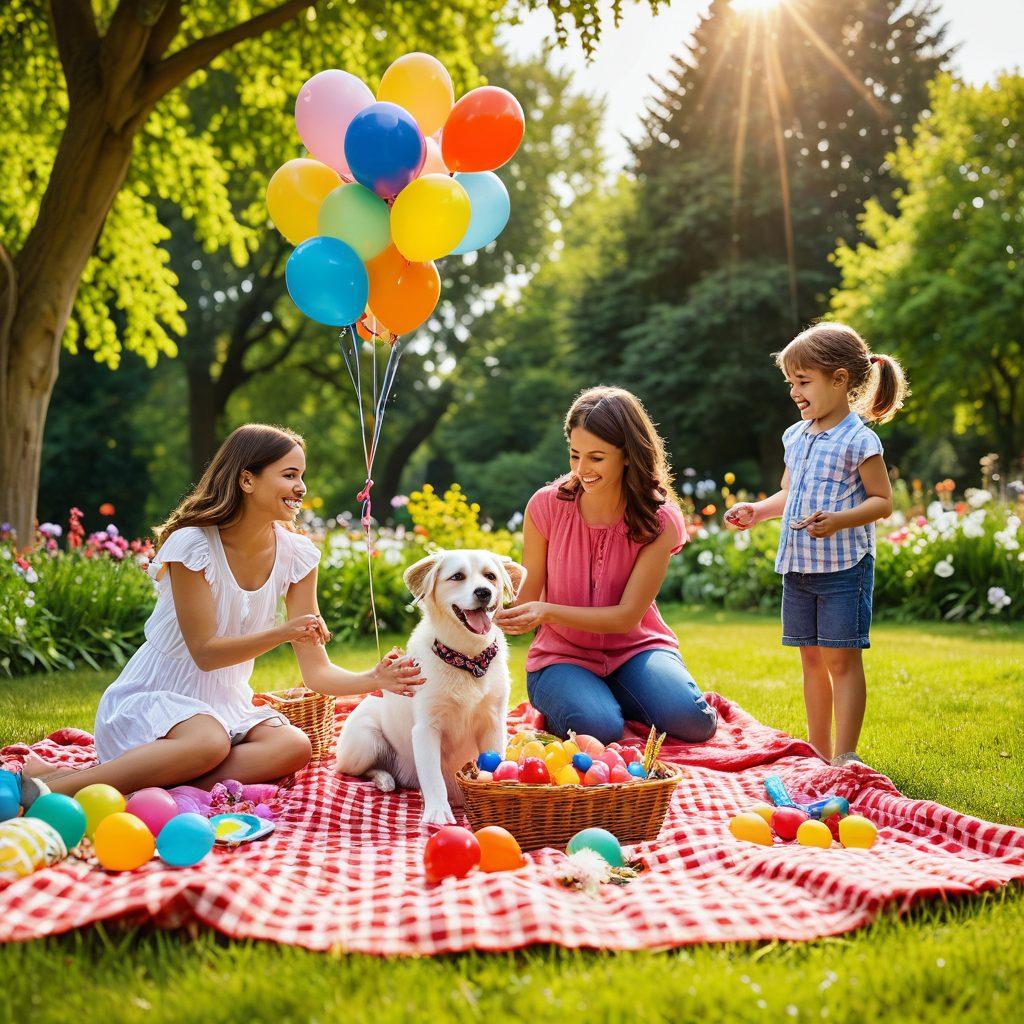 A vibrant family scene in a park, where parents and children are engaged in various creative activities like painting, crafting, and playing games. The setting is colorful, with blooming flowers and playful animals nearby, conveying a sense of joy and togetherness. Add whimsical elements like balloons and a picnic basket to highlight the fun atmosphere. super-realistic. vibrant colors. sunny background.
